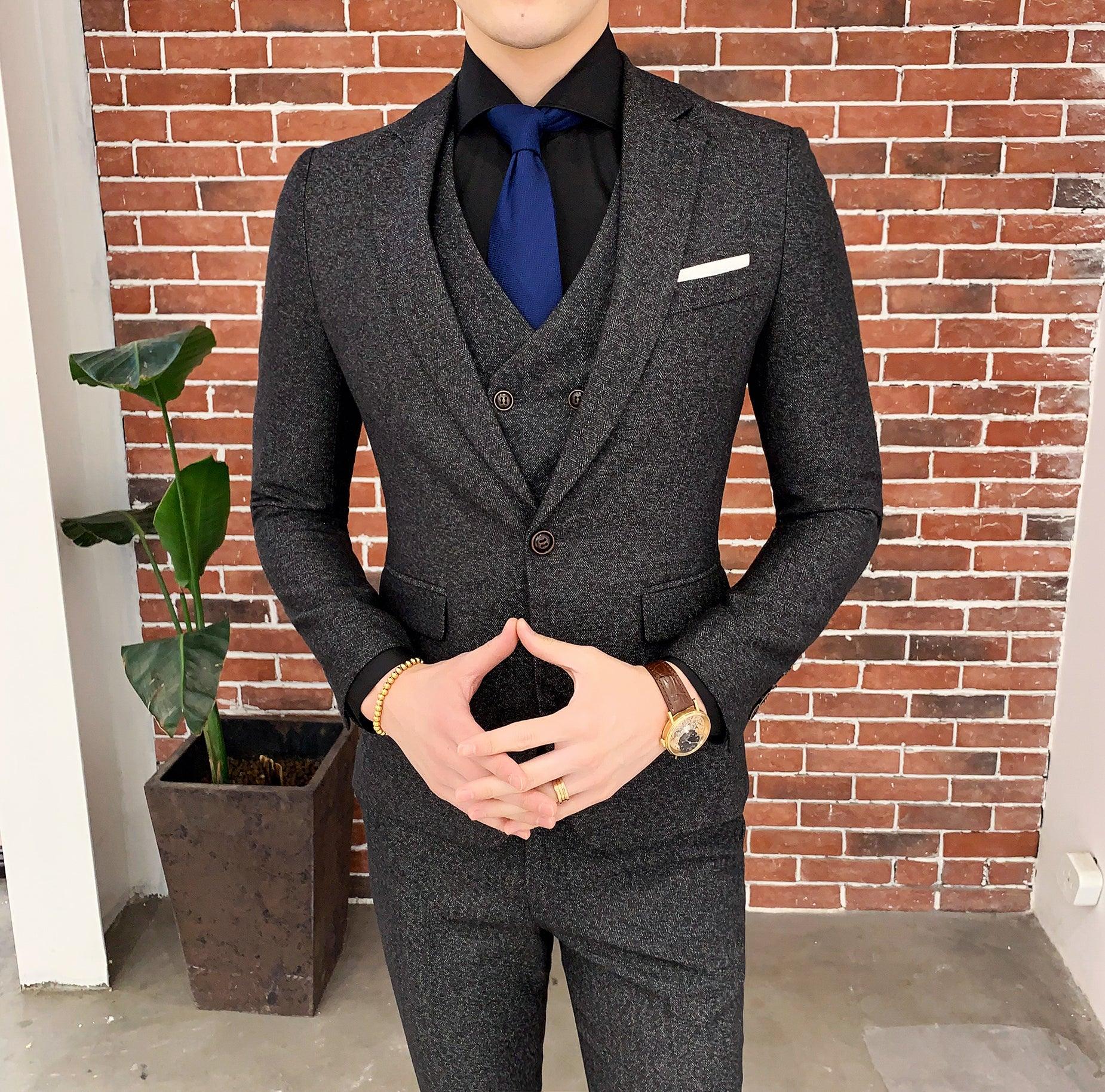 Elegant Three-Piece Slim Fit Cotton Suit for Men: Formal Wear Ensemble with Jacket, Vest, and Pants - Your-Look