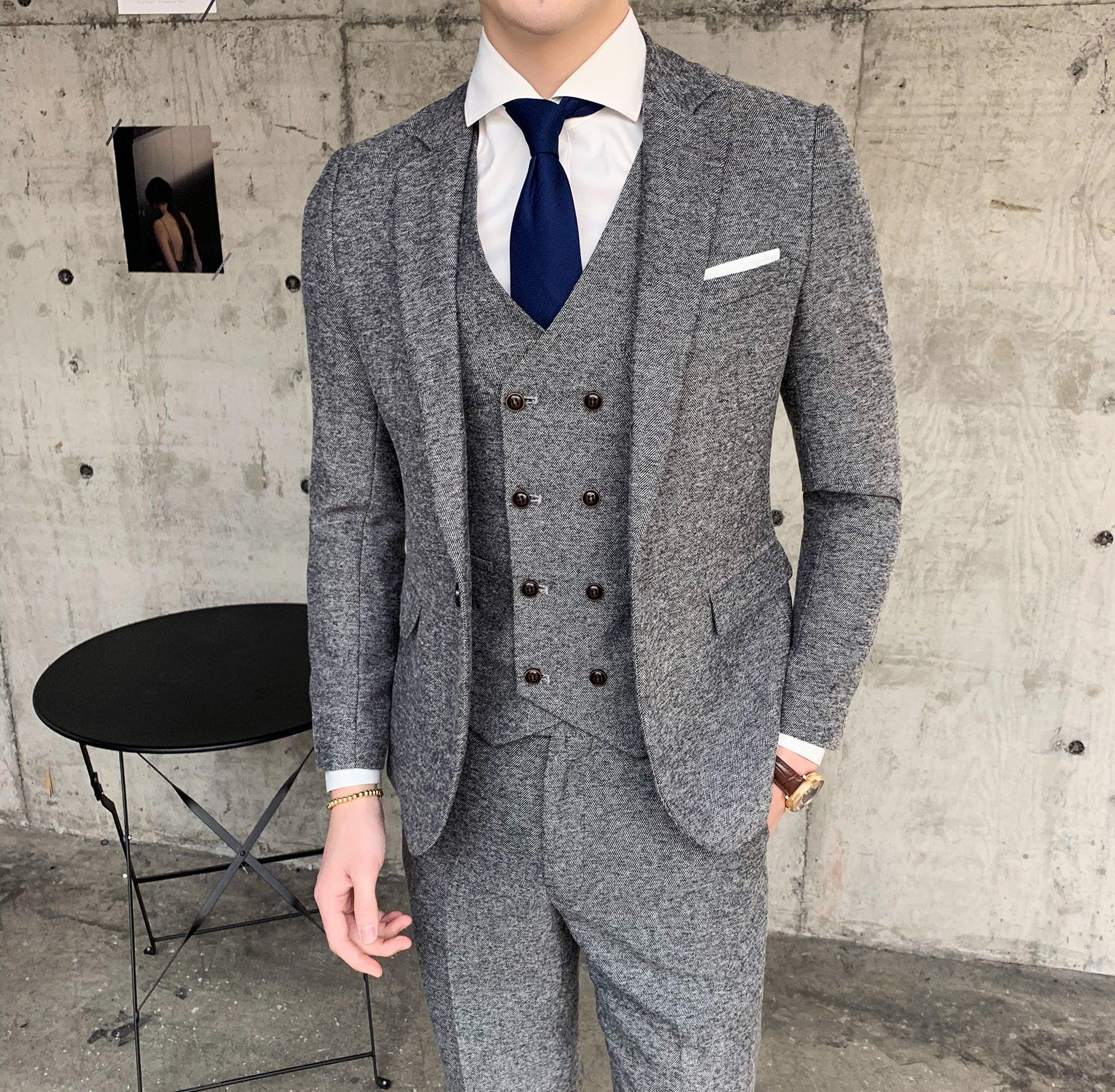 Elegant Three-Piece Slim Fit Cotton Suit for Men: Formal Wear Ensemble with Jacket, Vest, and Pants - Your-Look