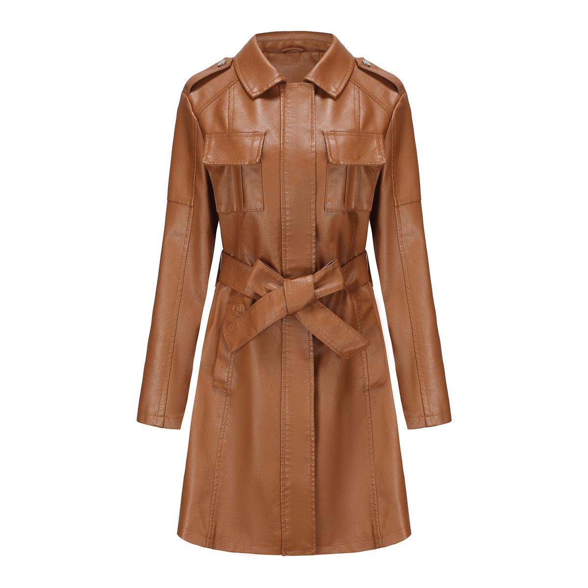Elegantly Chic: New European and American-Style Mid-Length Leather Coat with Belt - Your-Look