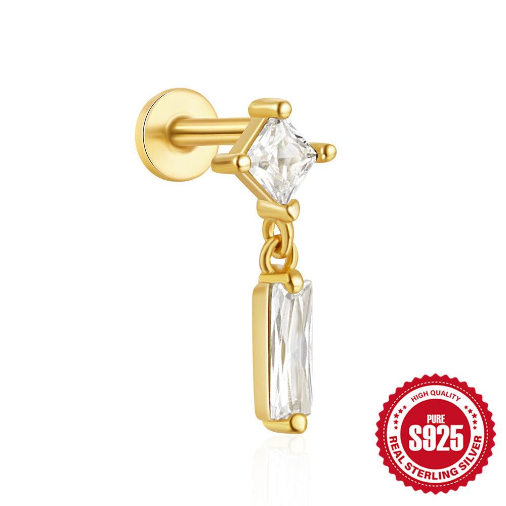 Fashion S925 Sterling Silver Water Drop Pomegranate Opal Triangle Pattern Thread Diamond-embedded Flat Head Piercing Earrings - Fashion - Your-Look