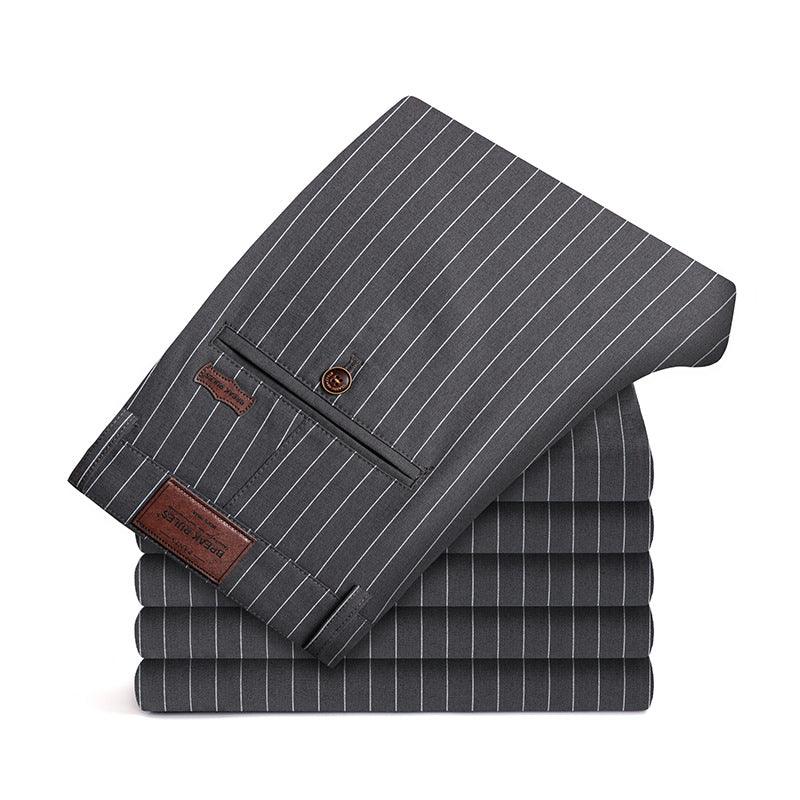 Youth Fashion Striped Stretch Slim Trousers - Trendy Striped Pattern, Middle Waist, Straight Type Silhouette.