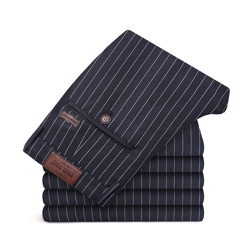 Youth Fashion Striped Stretch Slim Trousers - Trendy Striped Pattern, Middle Waist, Straight Type Silhouette.