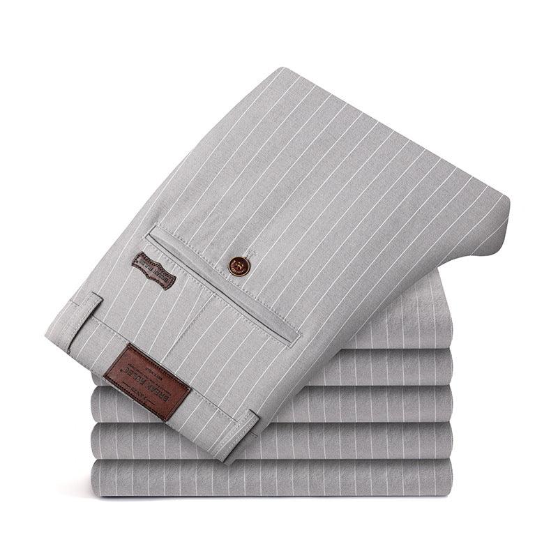 Youth Fashion Striped Stretch Slim Trousers - Trendy Striped Pattern, Middle Waist, Straight Type Silhouette.