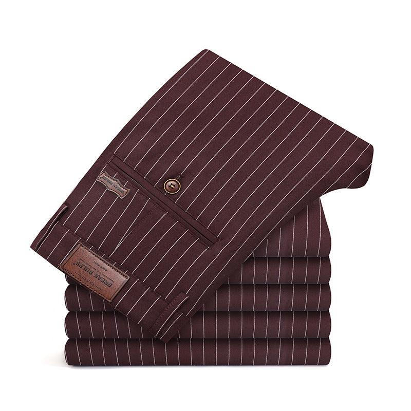 Youth Fashion Striped Stretch Slim Trousers - Trendy Striped Pattern, Middle Waist, Straight Type Silhouette.