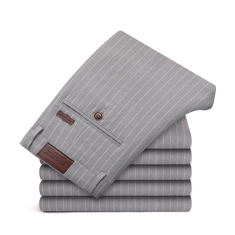 Youth Fashion Striped Stretch Slim Trousers - Trendy Striped Pattern, Middle Waist, Straight Type Silhouette.