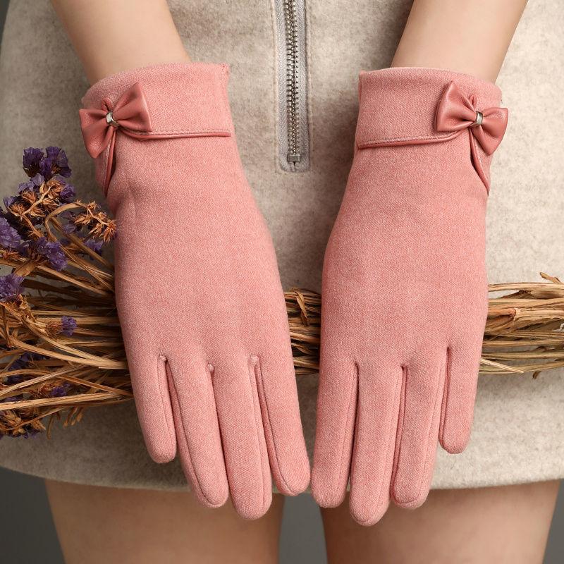 Fleece-Lined De Suede Bow Gloves: Touch Screen Warmth for Outdoor All-Matching Style