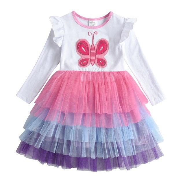 New 3-8 Girls Dress Butterfly Kids Long Sleeve Dresses Baby - - Your-Look