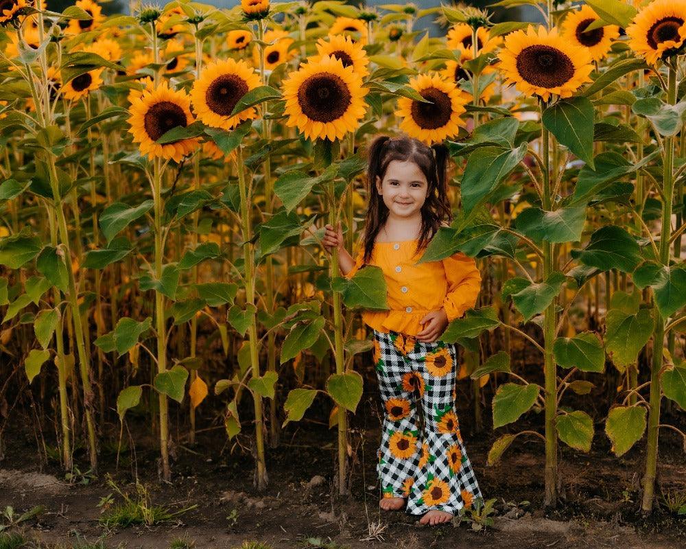 Foreign Trade Childrens Clothing WholesaleAutumn New Style Longsleeved Yellow Blouse Plaid Sun Flower Trousers Girl Suit 3-piece Set - - Your-Look
