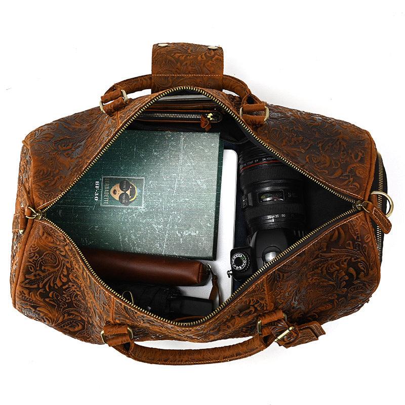 Vintage Print Luggage Bag: Top Layer Cowhide Handbag for Leisure and Gym - Your-Look