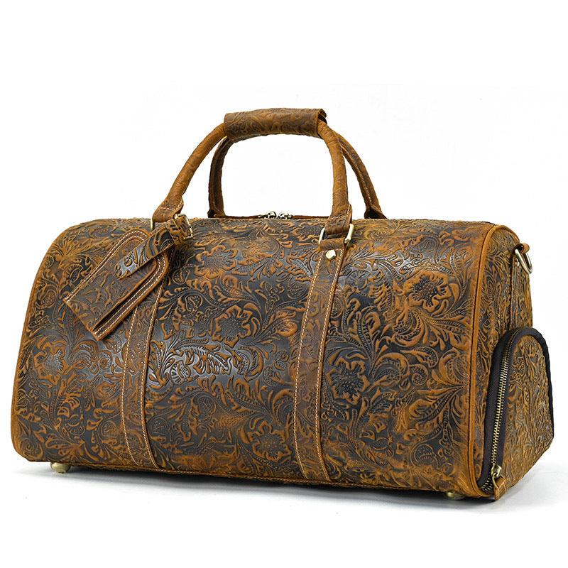Vintage Print Luggage Bag: Top Layer Cowhide Handbag for Leisure and Gym - Your-Look