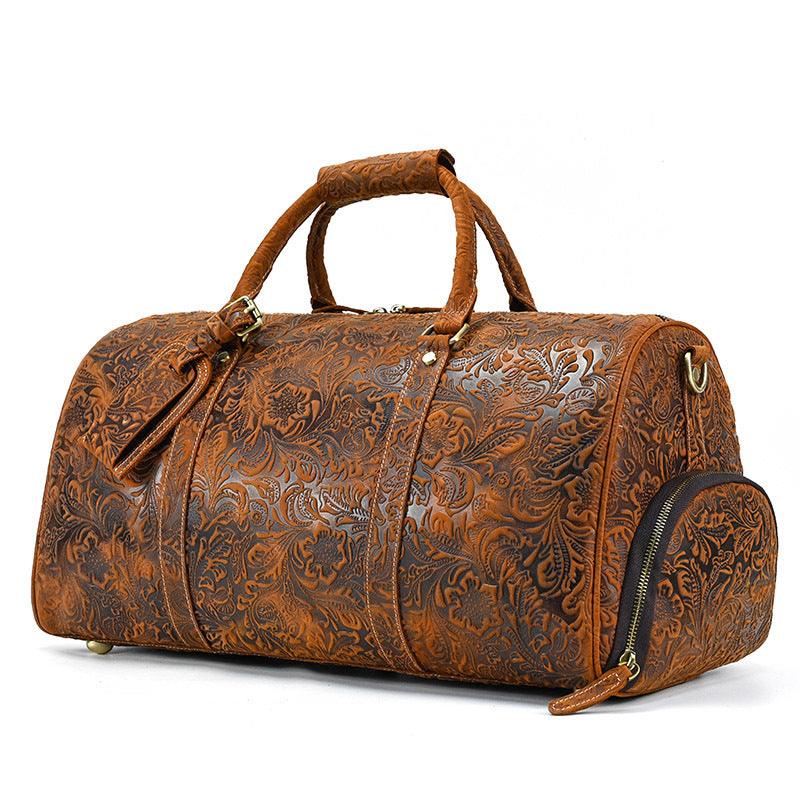 Vintage Print Luggage Bag: Top Layer Cowhide Handbag for Leisure and Gym - Your-Look