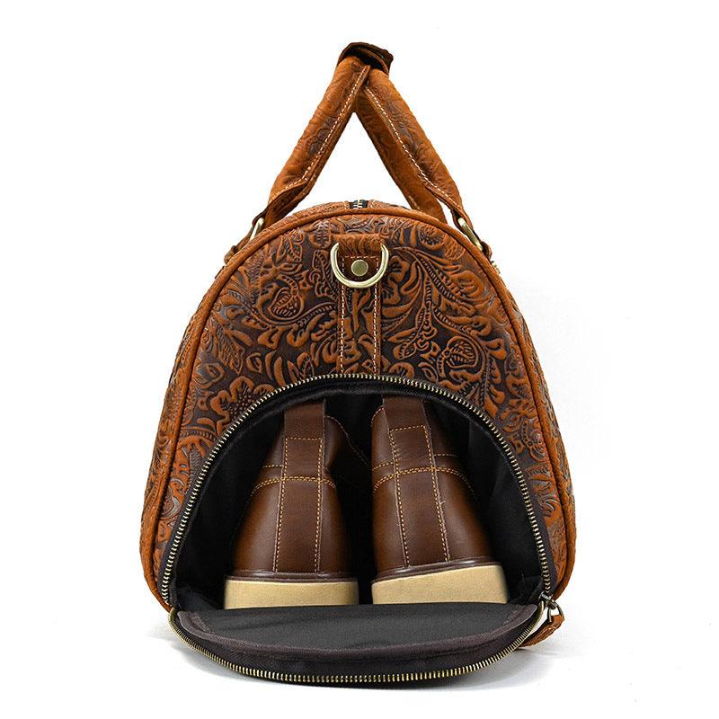 Vintage Print Luggage Bag: Top Layer Cowhide Handbag for Leisure and Gym - Your-Look