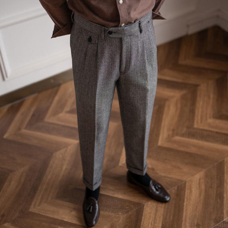Herringbone Wool Suit Pants Men&