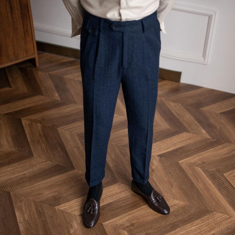 Herringbone Wool Suit Pants Men&