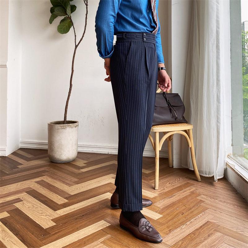 High Waist Business Casual Pants Fashion Stripe Non-Iron in Dark Blue - Sophisticated Stripe Pattern, Mid-High Waist, Non-Iron Fabric Blend.