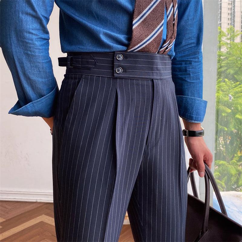 High Waist Business Casual Pants Fashion Stripe Non-Iron in Dark Blue - Sophisticated Stripe Pattern, Mid-High Waist, Non-Iron Fabric Blend.