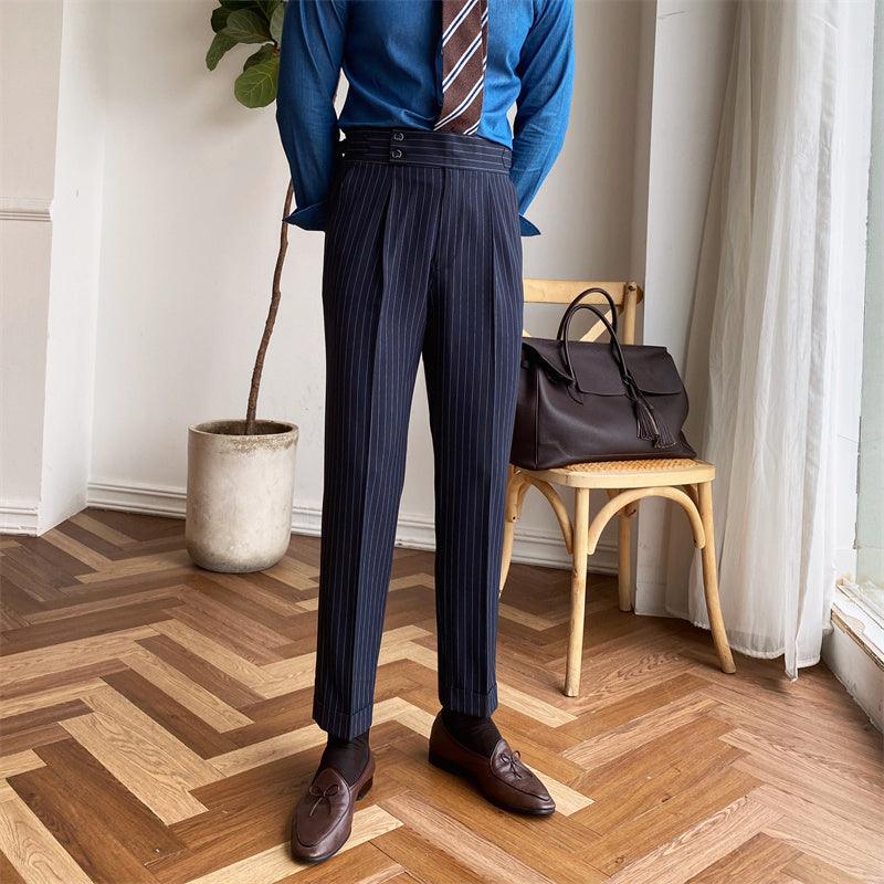 High Waist Business Casual Pants Fashion Stripe Non-Iron in Dark Blue - Sophisticated Stripe Pattern, Mid-High Waist, Non-Iron Fabric Blend.