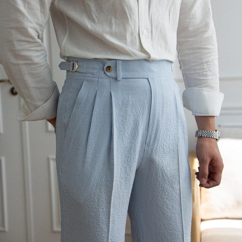 Baby Blue High-Waisted Straight Leg Smart Trousers - Medium-High Waist, Subtle Stripe Pattern, Polyester-Spandex Blend.