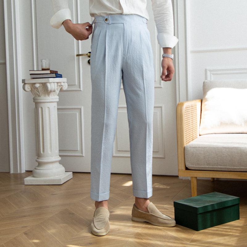Baby Blue High-Waisted Straight Leg Smart Trousers - Medium-High Waist, Subtle Stripe Pattern, Polyester-Spandex Blend.
