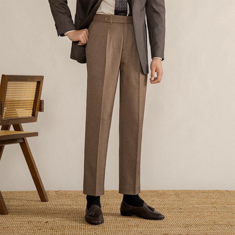 High-Waisted Straight-Leg Vintage Trousers - Camel, Linen Brown, and Black, Microelastic, Polyester-Lyocell-Wool Blend.