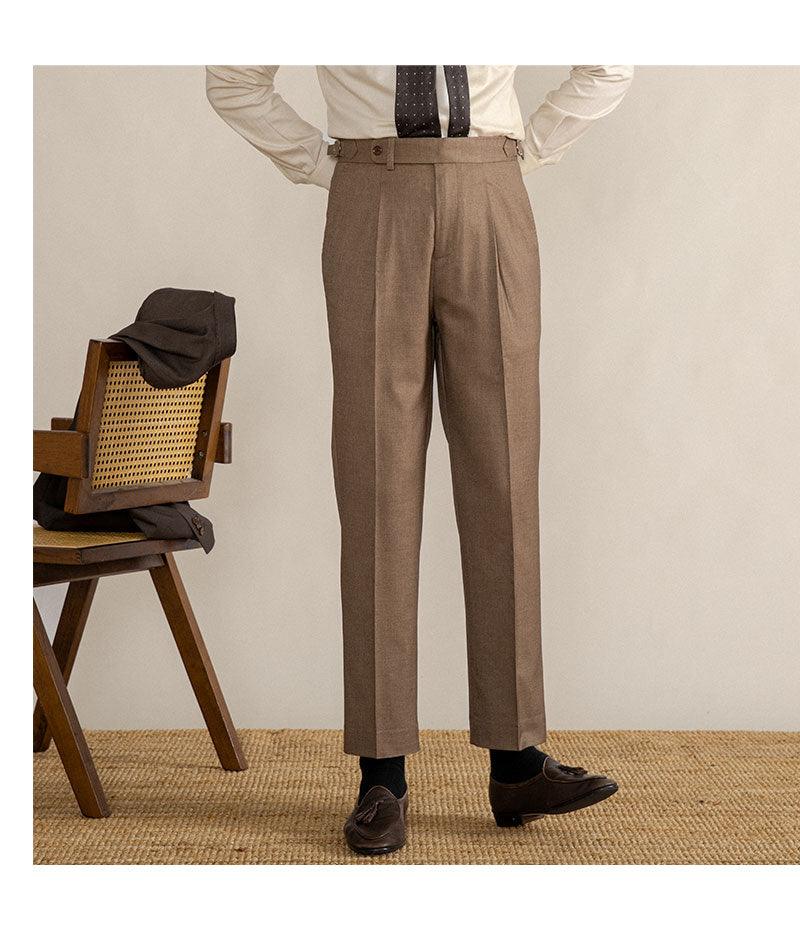 High-Waisted Straight-Leg Vintage Trousers - Camel, Linen Brown, and Black, Microelastic, Polyester-Lyocell-Wool Blend.