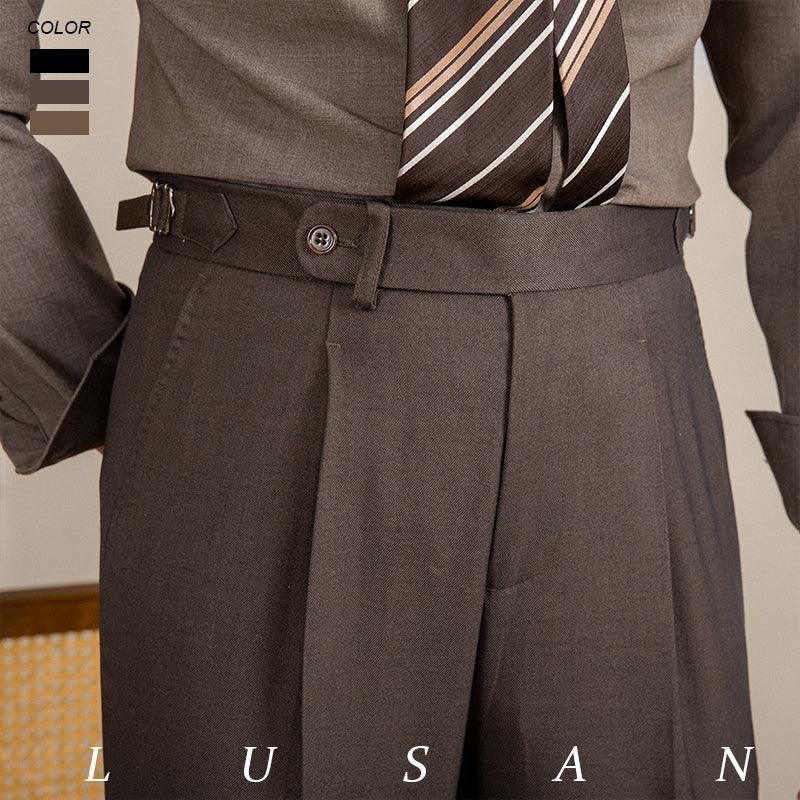 High-Waisted Straight-Leg Vintage Trousers - Camel, Linen Brown, and Black, Microelastic, Polyester-Lyocell-Wool Blend.