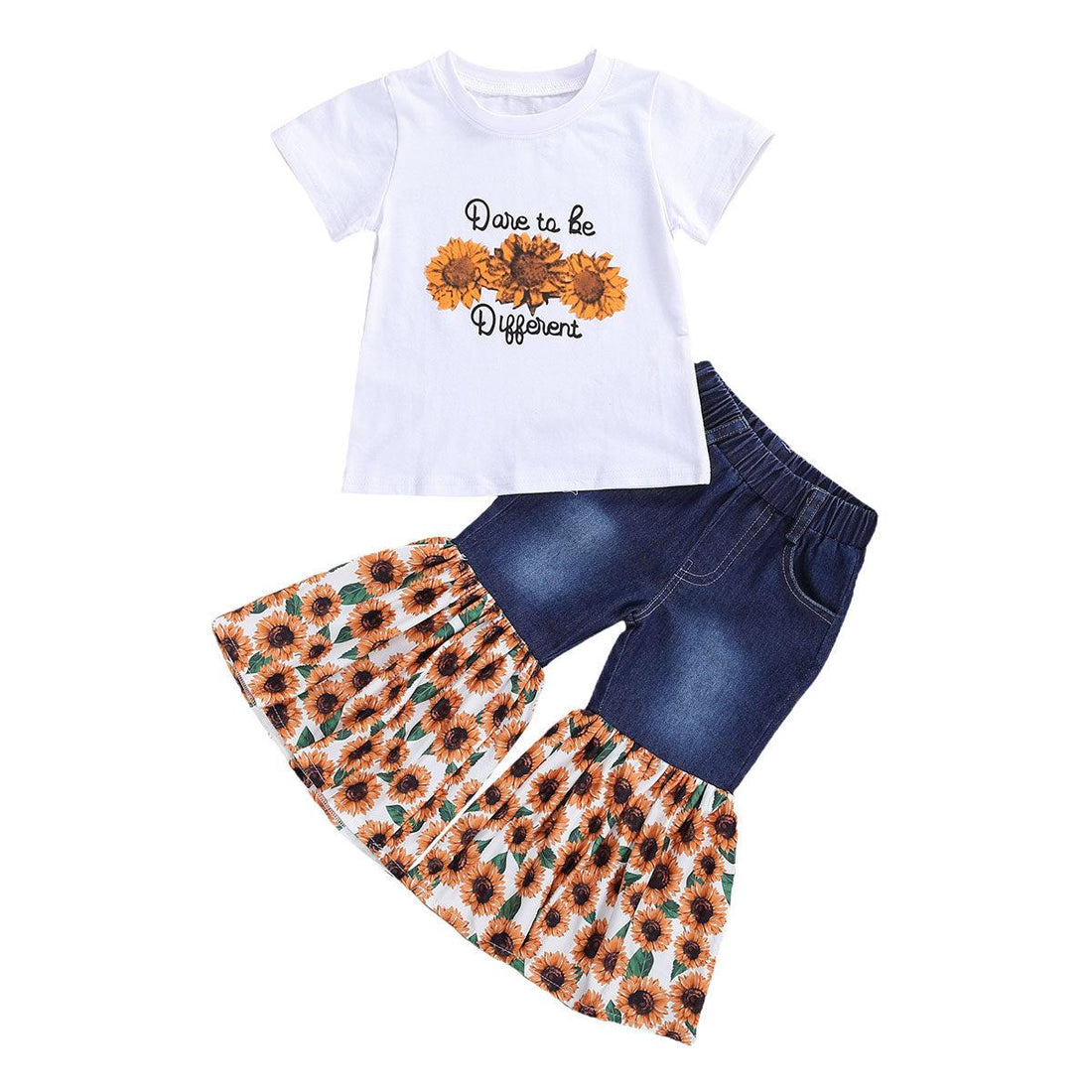 Kids Short Sleeve T-Shirt Denim Torch Sunflower Print Set - - Your-Look