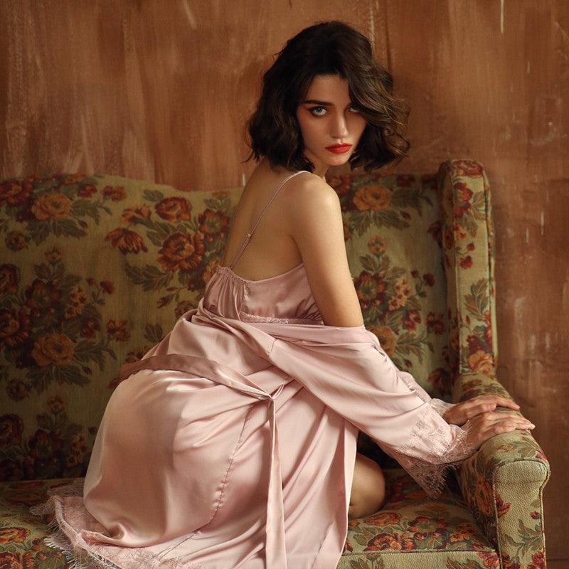 Lace Serenade" Ice Silk Robe with Elegant Lace Detailing - Unveil Glamorous Comfort - Your-Look