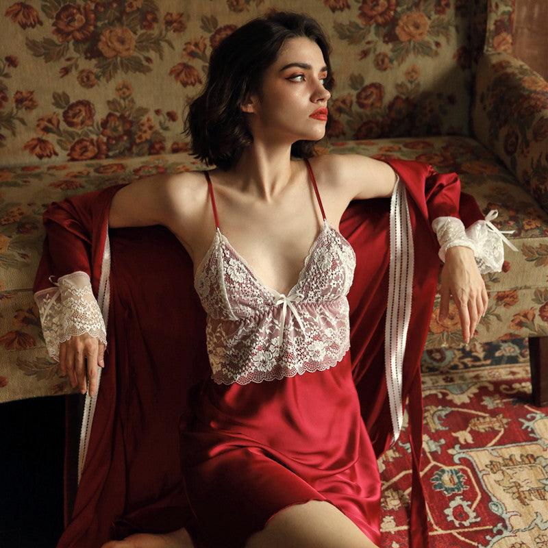 Lace Serenade" Ice Silk Robe with Elegant Lace Detailing - Unveil Glamorous Comfort - Your-Look