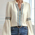 Effortlessly Chic: Lantern Sleeve Loose Plain Lace V-Neck Patchwork Shirt - Your-Look