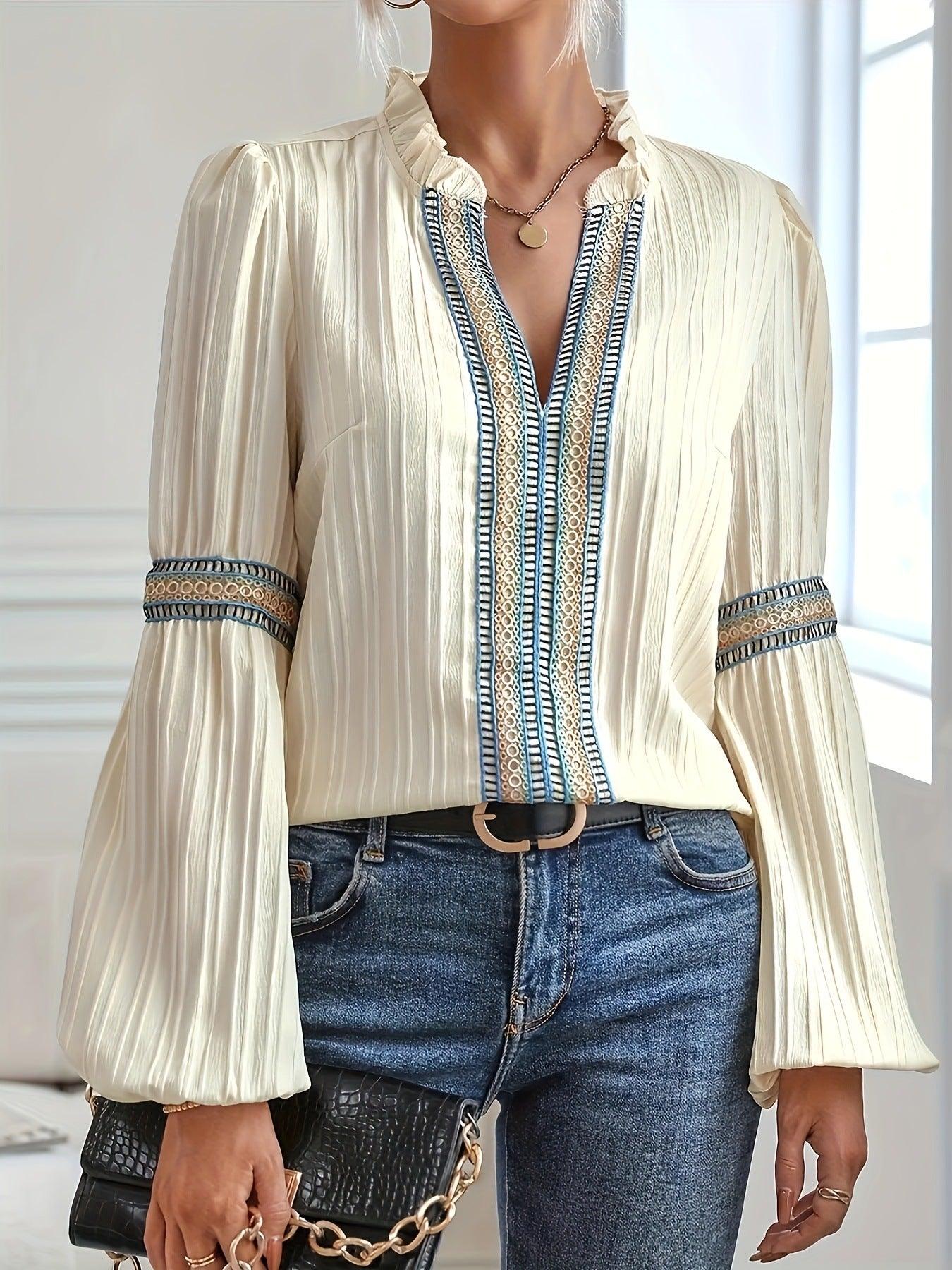 Effortlessly Chic: Lantern Sleeve Loose Plain Lace V-Neck Patchwork Shirt - Your-Look