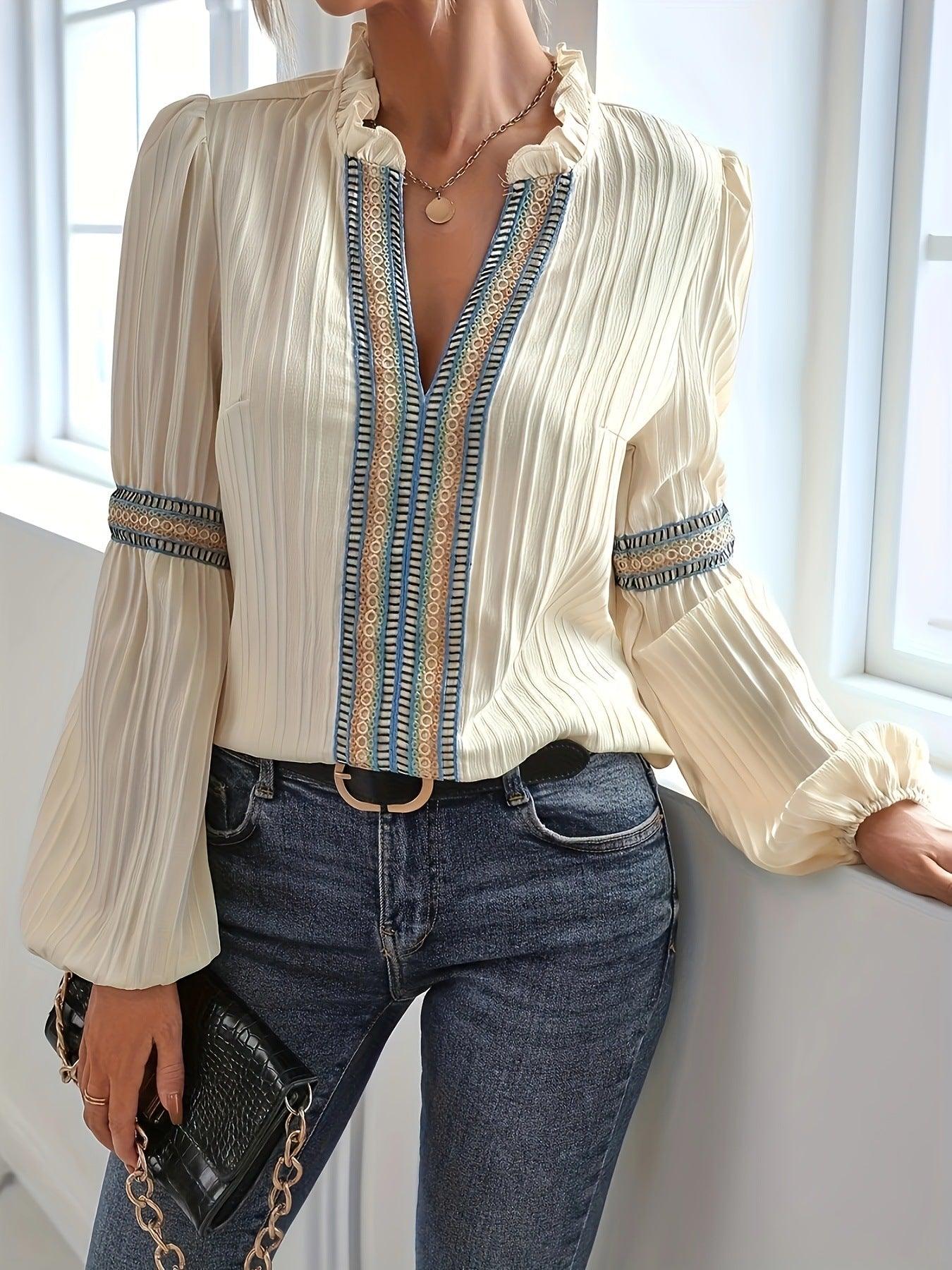 Effortlessly Chic: Lantern Sleeve Loose Plain Lace V-Neck Patchwork Shirt - Your-Look