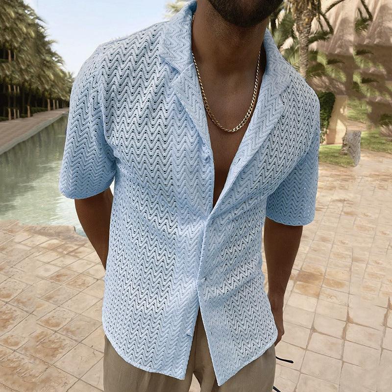 Leisure Elegance: Solid Color Polo Collar Button Lace Short Sleeve Hollow Out Shirt | Effortless Style with a Touch of Sophistication