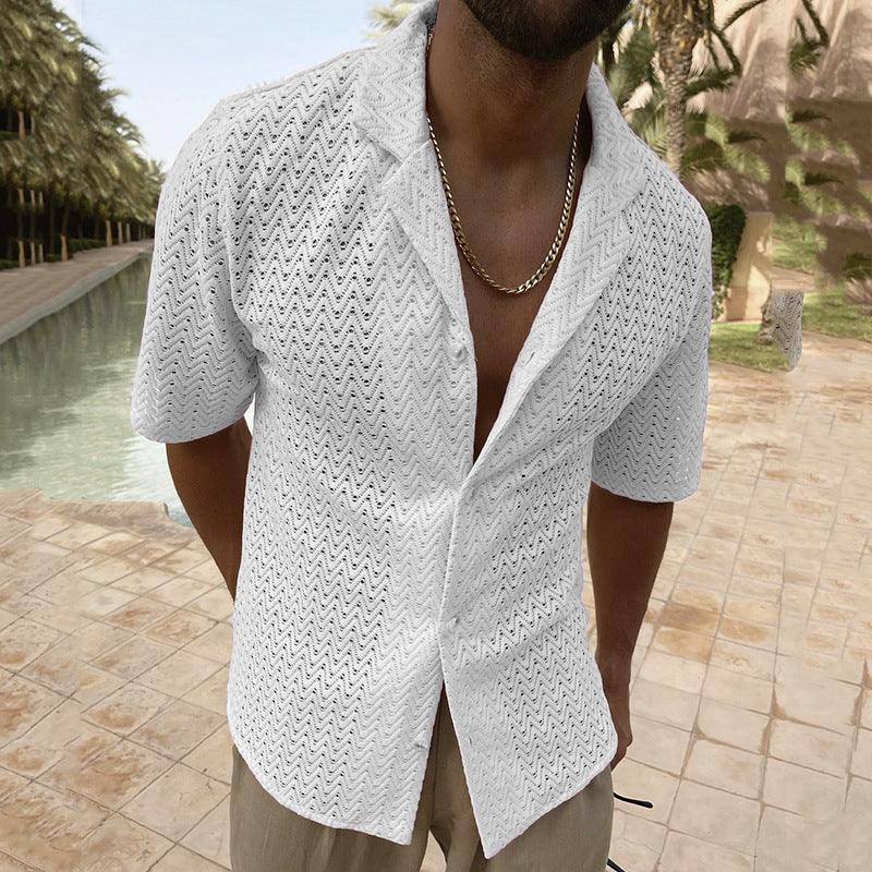 Leisure Elegance: Solid Color Polo Collar Button Lace Short Sleeve Hollow Out Shirt | Effortless Style with a Touch of Sophistication