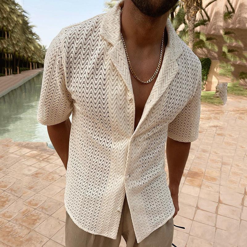 Leisure Elegance: Solid Color Polo Collar Button Lace Short Sleeve Hollow Out Shirt | Effortless Style with a Touch of Sophistication