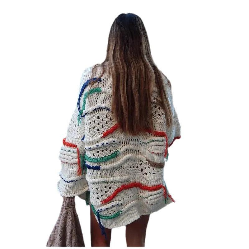 Personality Street Round Neck Tassel Color Matching Knitted Long Sleeve - Fashion - Your-Look