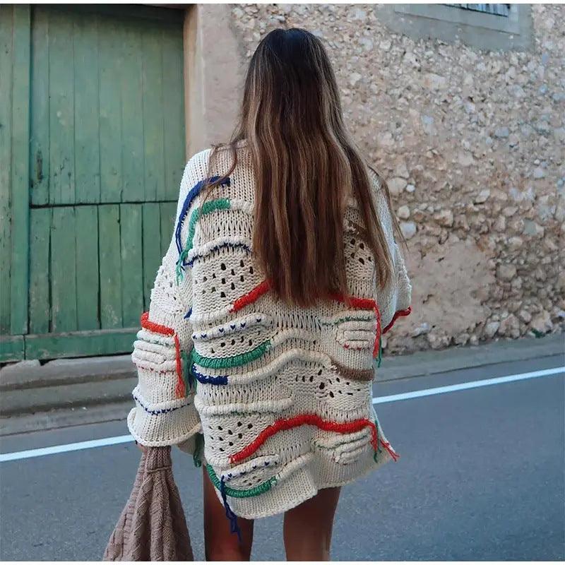Personality Street Round Neck Tassel Color Matching Knitted Long Sleeve - Fashion - Your-Look