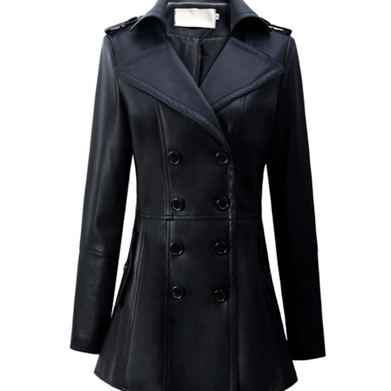 "Effortlessly Chic: Mid-Length Leather Wind Coat for Women&
