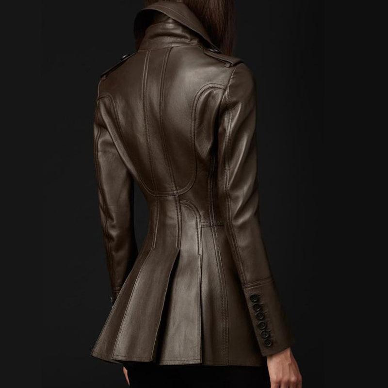 "Effortlessly Chic: Mid-Length Leather Wind Coat for Women&