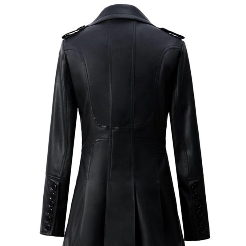 "Effortlessly Chic: Mid-Length Leather Wind Coat for Women&