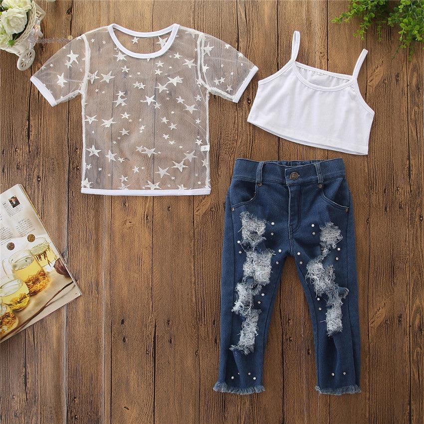 Toddler Kids Girls Short Sleeve Star T-shirt Tops Hole Denim pants pearl Jeans 2PCS Clothing Set - - Your-Look