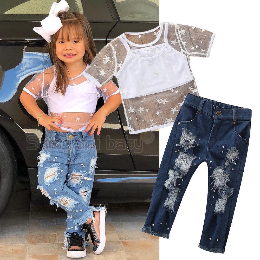 Toddler Kids Girls Short Sleeve Star T-shirt Tops Hole Denim pants pearl Jeans 2PCS Clothing Set - - Your-Look
