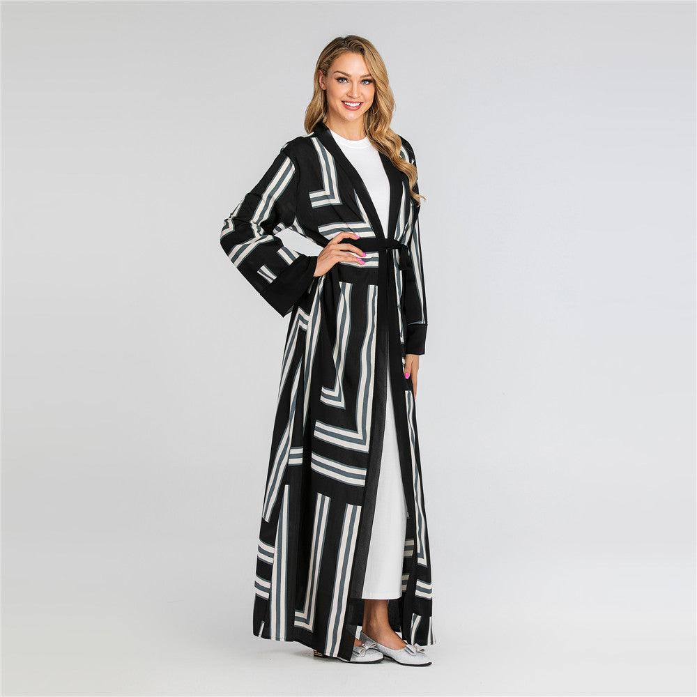 "Striped Serenity" Loose Lace-Up Cardigan Robe for Women - Effortless Style, Maximum Comfort - Your-Look