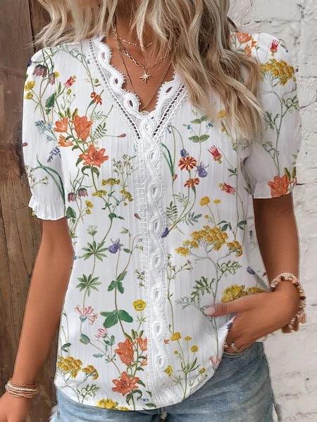 Summer V-neck Lace Stitching Printing Shirt For Women - Fashion - Your-Look