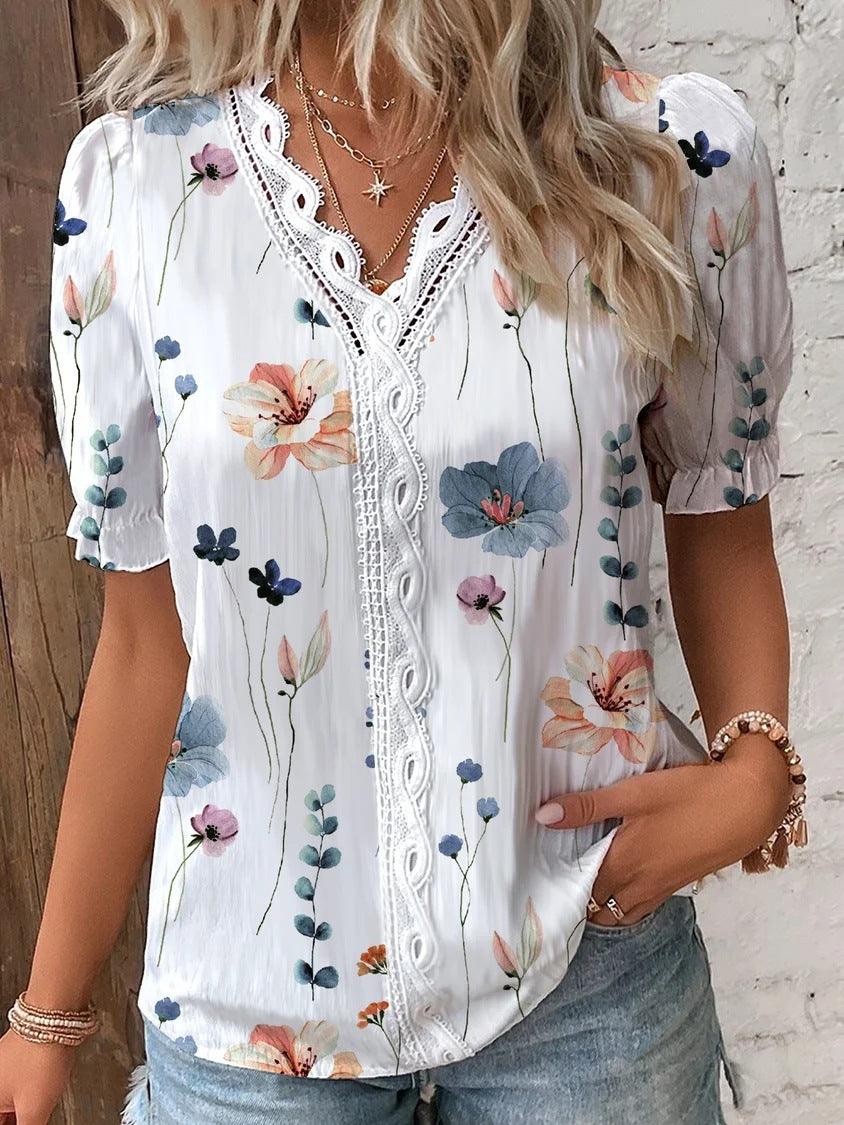 Summer V-neck Lace Stitching Printing Shirt For Women - Fashion - Your-Look