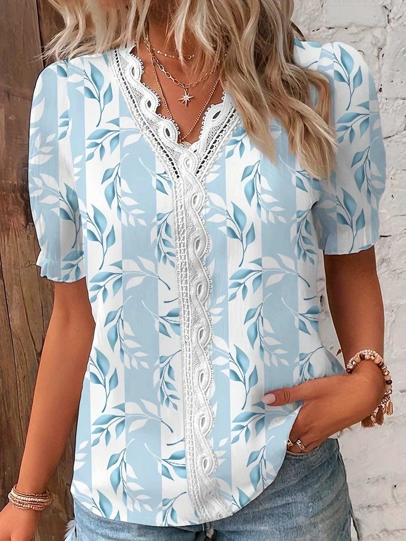 Summer V-neck Lace Stitching Printing Shirt For Women - Fashion - Your-Look