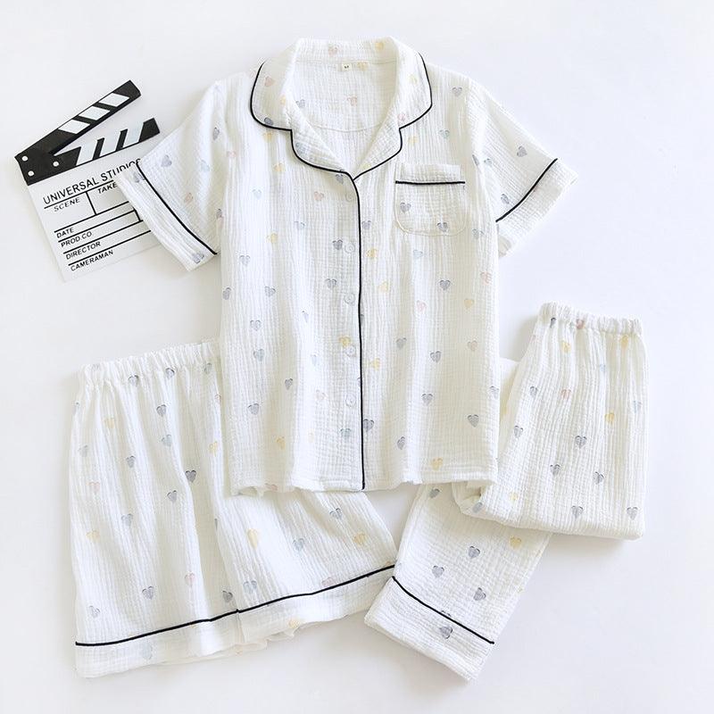 "Sweet Dreams Trio" Small Heart Crepe Lapel Short-sleeved Shorts Trousers Three-piece Pyjama Set for Women - Cozy Elegance - Your-Look