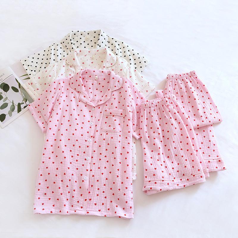 "Sweet Dreams Trio" Small Heart Crepe Lapel Short-sleeved Shorts Trousers Three-piece Pyjama Set for Women - Cozy Elegance