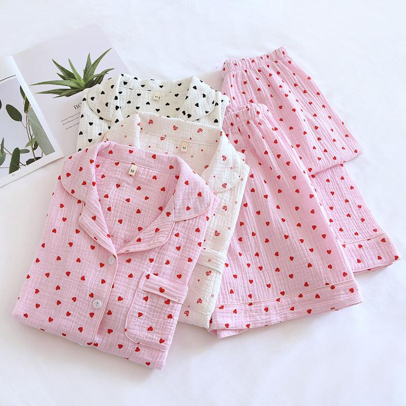 "Sweet Dreams Trio" Small Heart Crepe Lapel Short-sleeved Shorts Trousers Three-piece Pyjama Set for Women - Cozy Elegance - Your-Look