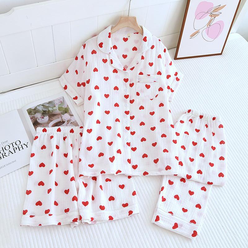 "Sweet Dreams Trio" Small Heart Crepe Lapel Short-sleeved Shorts Trousers Three-piece Pyjama Set for Women - Cozy Elegance - Your-Look